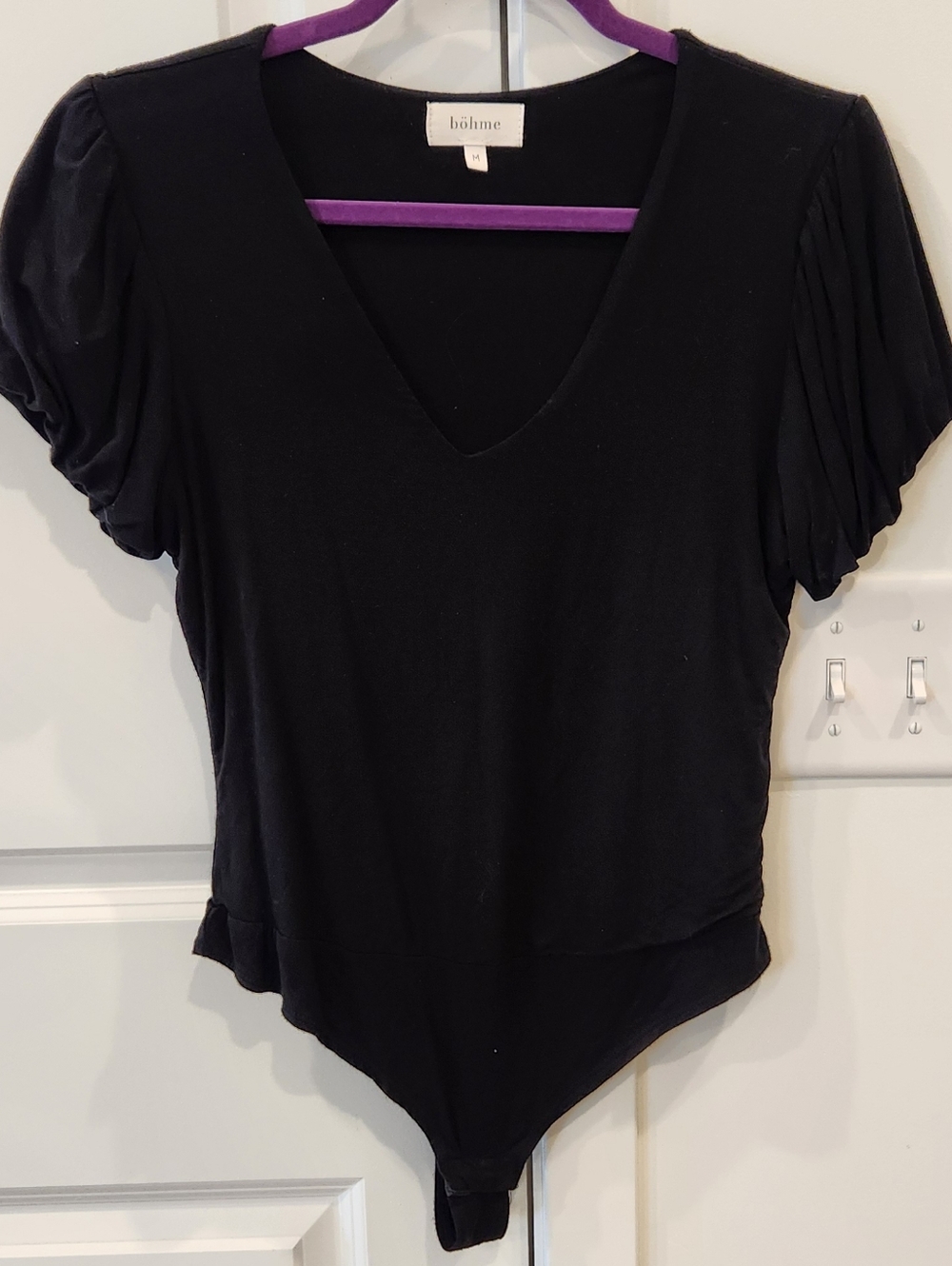 bohme Black V-Neck Puff Sleeve Bodysuit with Gathered Sleeves